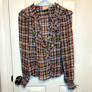 Maeve by Anthropologie | Long Sleeve Plaid Ruffle Top
